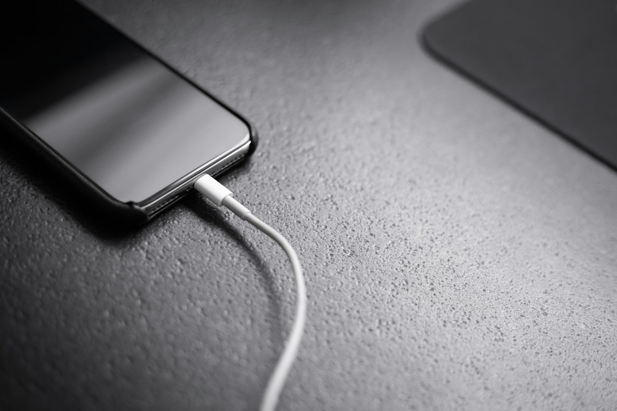 Ankerのモバイルバッテリーに似たUSB-Cケーブルで充電中のスマートフォン